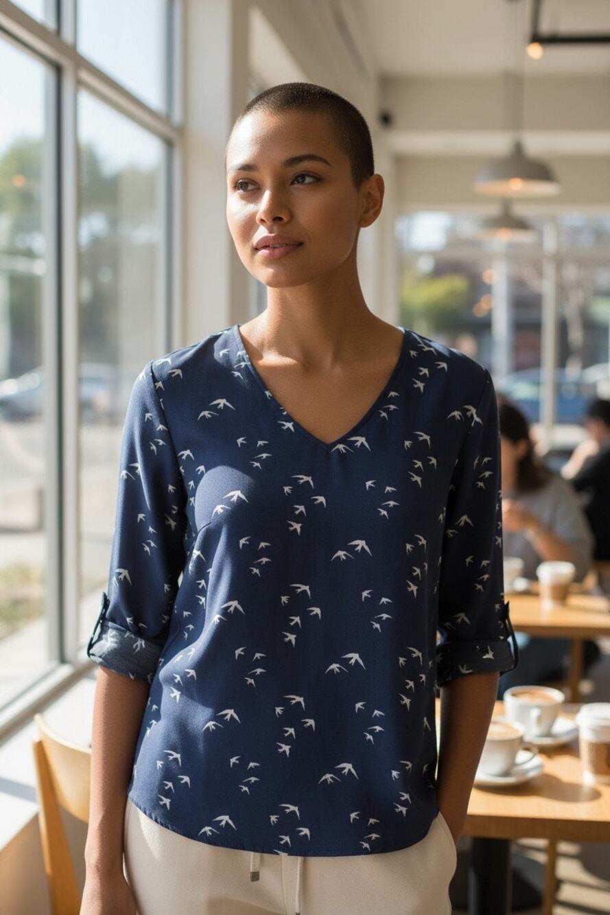 NWT GAP Womens Size Large Navy Long Roll Tab Sleeve White Swallow Print Blouse